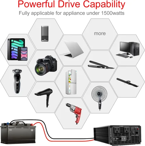 Miniatura 7 de Xijia Inversor de potencia de 1500 W, inversor de onda sinusoidal pura de 12 V a 120 V, convertidor solar de sobretensión de 3000 W para camión
