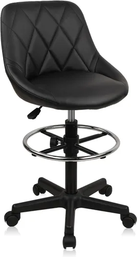 Miniatura 18 de KLASIKA Taburete alto con ruedas de dibujo con soporte de respaldo bajo y anillos ajustables para reposapiés, juego de 2 sillas de escritorio negro