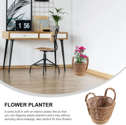 Miniatura 8 de Zerodeko Cesta de hierba marina, cesta de paja, cesta tejida, maceta de mimbre con forro de plástico para plantas de interior, lavandería, 6.3 in