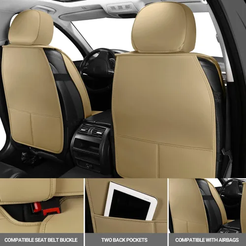 Miniatura 2 de AOOG Fundas de cuero para asiento de automóvil, ajuste universal para la mayoría de los sedanes, SUV, camiones (asiento delantero, beige)