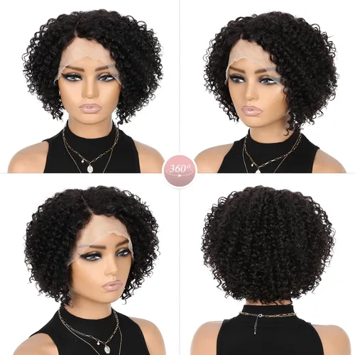 Miniatura 4 de Peluca de cabello humano corto con encaje frontal, rizada, sin pegamento, parte lateral, cabello humano virgen brasileño rizado con abuelitos
