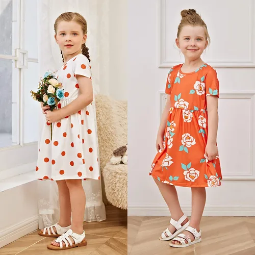 Miniatura 6 de PATPAT Paquete múltiple de vestidos florales para niña pequeña, paquete de 23 unidades, a lunares, manga corta, vestido de corte en línea A