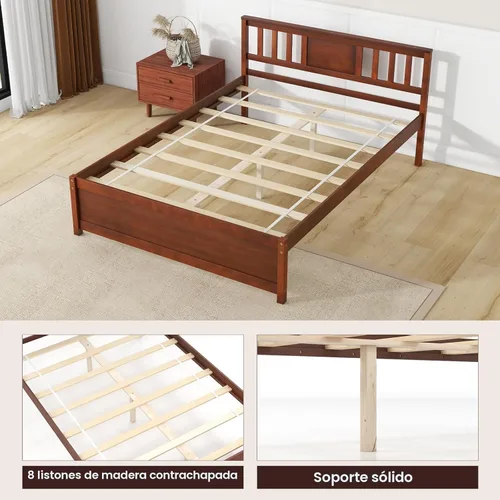 Miniatura 8 de Giantex Marco de cama de plataforma de madera maciza de tamaño matrimonial, marco de cama matrimonial de mediados de siglo con cabecero, soporte