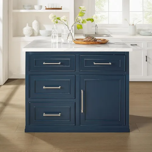 Miniatura 8 de Crosley Furniture Cutler - Isla de cocina con parte superior de mármol sintético con almacenamiento, barra de desayuno, soporte para microondas