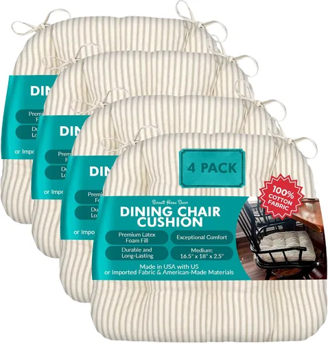 Miniatura 130 de Barnett Home Decor Ticking Stripe Berlin Blue - Almohadilla para silla de comedor con lazos, tamaño mediano 18, relleno de espuma de látex, lavable
