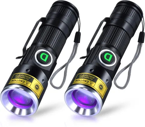Miniatura 12 de DARKDAWN Linternas de luz UV de 395 nm USB recargable ultravioleta LED luz negra mini lámpara de madera portátil para detección de orina de gatos