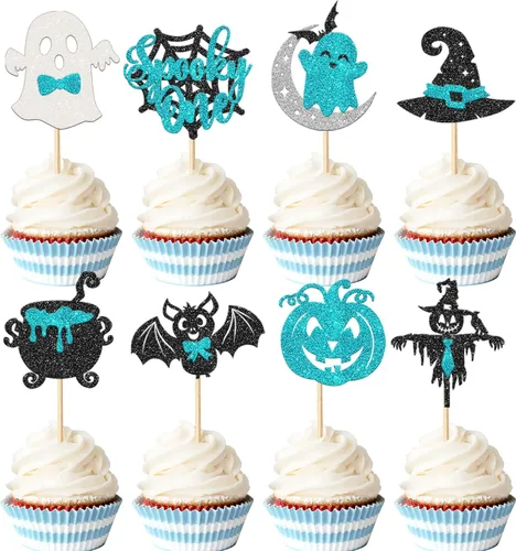 Miniatura 15 de Rsstarxi Paquete de 24 adornos para cupcakes Little Boo con purpurina, bruja, gato, calabaza, castillo, fantasma, magdalenas, alimentos, decoración