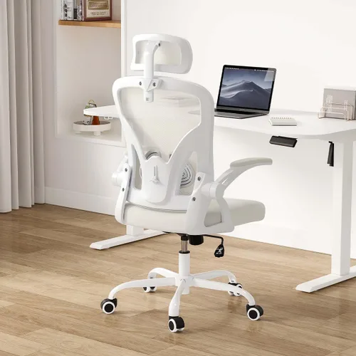 Miniatura 5 de Silla de oficina ergonómica con soporte lumbar ajustable y reposacabezas, silla de escritorio de malla de respaldo alto con reposabrazos abatibles