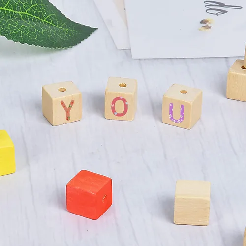 Miniatura 3 de Supkiir Cubos de madera para manualidades, 100 bloques de madera con agujeros, cubos de madera sin terminar para proyectos de bricolaje, alfabeto