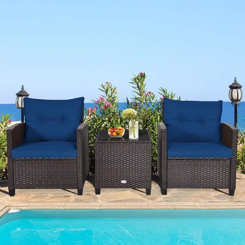Miniatura 2 de RELAX4LIFE Juego de muebles de patio de 3 piezas, juego de conversación de mimbre con 2 sillones acolchados y mesa con tapa de cristal, juego