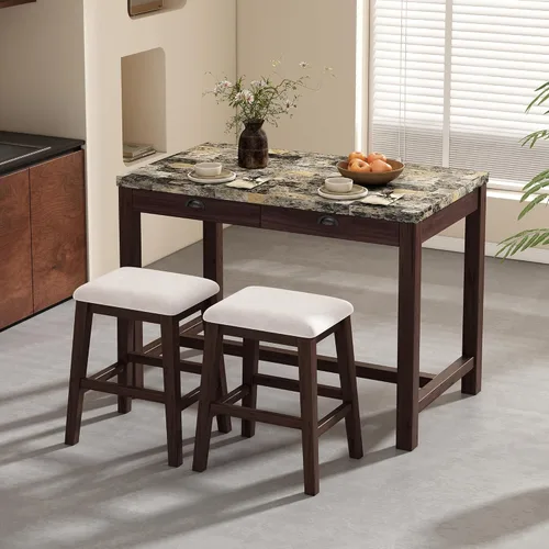 Miniatura 30 de JIVOIT Juego de mesa de comedor de 3 piezas con altura de mostrador, juego de comedor de madera maciza con 2 taburetes tapizados, mesa de comedor
