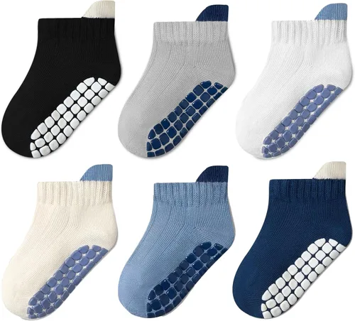 Calcetines tobilleros antideslizantes para niños pequeños con agarres, lindos sin costuras, para bebés, niños y niñas, 6 pares