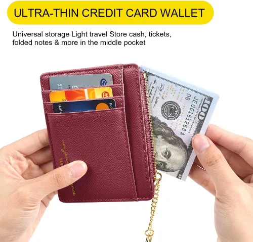 Miniatura 32 de URAQT Cartera para tarjetas de crédito, cartera minimalista de cuero delgado con cremallera, mini protector de tarjeta de crédito, llavero bolsillo
