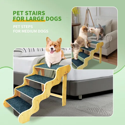 Miniatura 5 de Escaleras para perros pequeños, rampa de madera de bambú de 3 escalones para perros, mascotas/gatos para sofá, cama y automóvil, puede soportar un