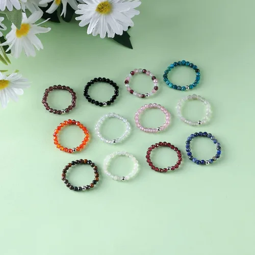 Miniatura 4 de Tsnamer Anillo de cuentas de cristal, piedras preciosas facetadas naturales, ojo de tigre, cuarzo rosa, amatista, minimalista, apilable, anillo
