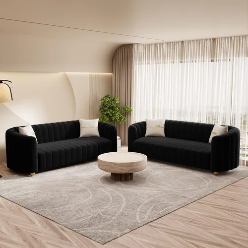Miniatura 23 de Moderno juego de sofá de terciopelo negro de 3 piezas para sala de estar, juego de sofá curvado acolchado con patas de esfera de metal dorado