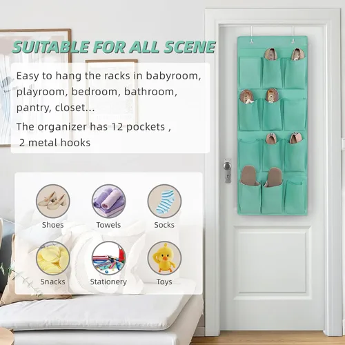 Miniatura 6 de Organizador de zapatos sobre la puerta, soporte de almacenamiento colgante con 12 bolsillos grandes para puerta de armario, zapatos para hombres