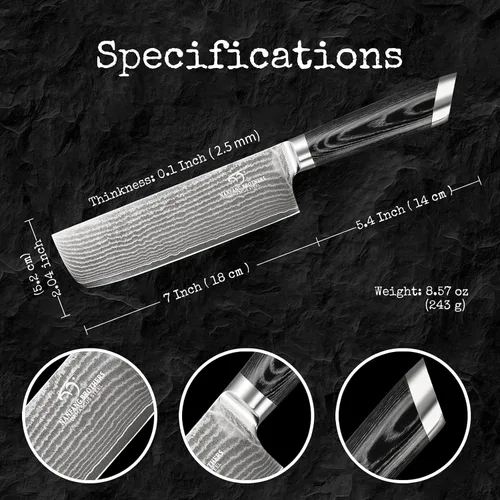 Miniatura 3 de Cuchillo Damasco Nakiri, cuchillo de cocina profesional de 7 pulgadas con mango ergonómico de madera antideslizante, japonés 10Cr15CoMoV, cuchillo