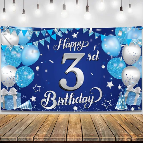 KatchOn, Cartel de tercer cumpleaños azul y plateado – Xtralarge, 72 x 44 pulgadas | Decoraciones azules de tercer cumpleaños para niños y niñas |