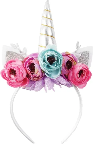 Miniatura 9 de Nishine Diadema de cuerno de unicornio con purpurina para niñas, diadema de camelia pony, banda para el pelo de flores, tiara para fiesta, regalo