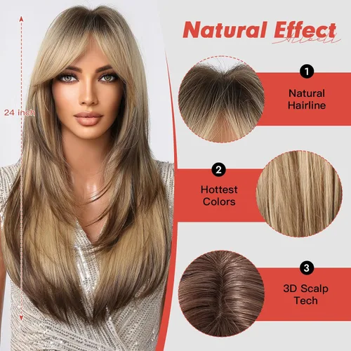 Miniatura 2 de Allbell - Peluca larga y lacia para mujer, color ombré castaño claro a rubio con flequillo, con reflejos, de cabello sintético, resistente al calor