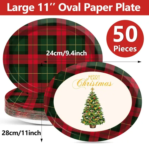 Miniatura 2 de 50 platos de papel ovalados de guinga rojo y verde de Navidad grandes de 11 pulgadas, desechables, decoraciones de fiesta temática de Navidad