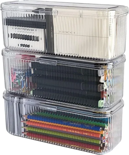 Miniatura 10 de Organizador de bolígrafos transparente con tapa, caja de almacenamiento de accesorios de cajón de escritorio de plástico para oficina en casa