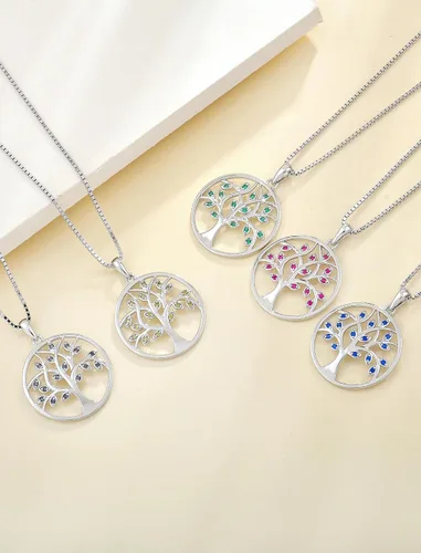 Miniatura 4 de YL - Collar con dije de árbol de la vida de plata esterlina con piedras preciosas y chapado en oro blancorosado