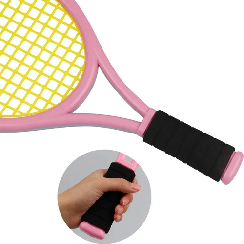 Miniatura 4 de Juego de raqueta de tenis para niños, raqueta de 17 pulgadas con 1 pelota de tenis, 4 volantes de bádminton y 3 pelotas suaves para deportes