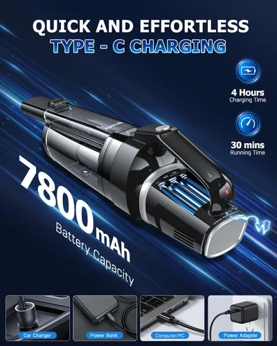 Miniatura 6 de AHNR Aspiradora de mano inalámbrica, 16000 PA potente succión de mano inalámbrica recargable con luz LED y 2 filtros HEPA, aspiradora portátil