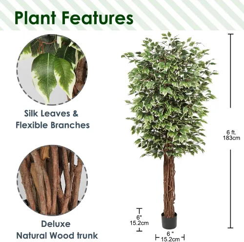 Miniatura 2 de plant Árbol de ficus artificial de 6 pies en maceta, plant de seda falsa con hojas verdes y blancas, tronco natural para decoración de interiores