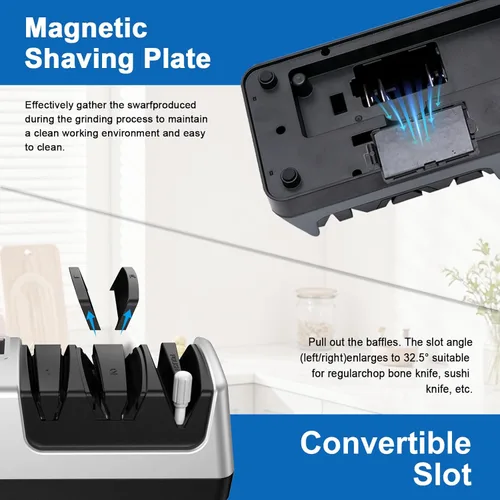 Miniatura 6 de Afilador de cuchillos eléctrico 5 en 1, profesional de 3 etapas con pantalla LCD, 100% abrasivos de diamante, 3 velocidades de rotación ajustables
