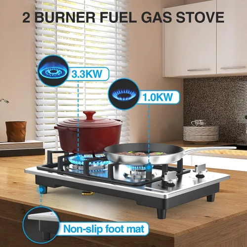 Miniatura 3 de ANHANE - Estufa de cocina a gas, 2 quemadores, portátil de acero inoxidable de 12 pulgadas, combustible dual GLP/NG, estufa de gas integrada, ideal