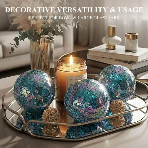 Miniatura 4 de DomeStar Juego de 3 bolas decorativas de 4 pulgadas de turquesa para cuencos, bolas de vidrio para centros de mesa, esfera de mosaico para Multicolor