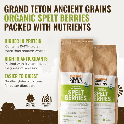 Miniatura 2 de Grand Teton Ancient Grains - Bayas de espelta 100% orgánicas, bayas enteras de espelta sin moler, grano orgánico Farro cultivado en Estados Unidos