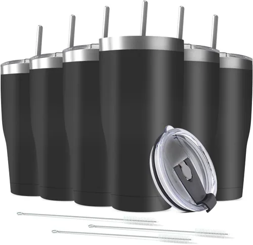 Miniatura 19 de Paquete de 8 vasos de acero inoxidable de 30 onzas a granel reutilizables con tapa, taza de café con recubrimiento de polvo de doble pared