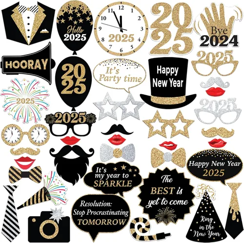 Miniatura 11 de Katchon, Accesorios para cabina de fotos de Año Nuevo con purpurina – Paquete de 35 Accesorios de cabina de fotos NYE para suministros de fiesta