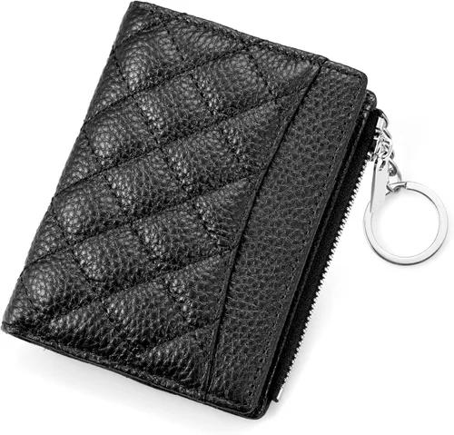 befen Cartera delgada de cuero auténtico con RFID, billetera de dos pliegues para mujer con bolsillo con cremallera y llavero, Negro, Talla única,