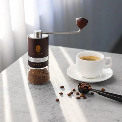 Miniatura 2 de Molinillo de café manual de alta calidad, fabricado con madera de haya auténtica; molinillo de café de mano con molino de rebabas de acero Marrón