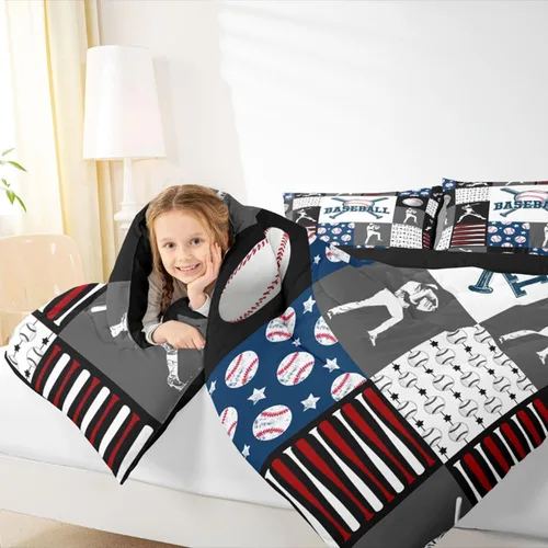 Miniatura 5 de Juego de ropa de cama individual de béisbol deportivo para niños y adolescentes, juego de edredón de atletas de béisbol para niños, juego de edredón