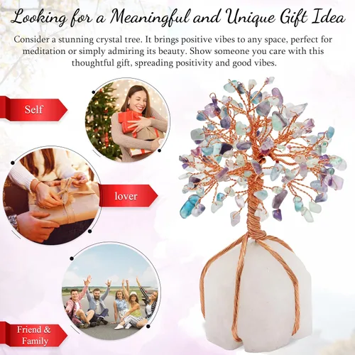 Miniatura 3 de Árbol de la vida de cristal de fluorita con base de cuarzo, árbol de piedras preciosas para decoración de estantes y dormitorios, cristales y Base