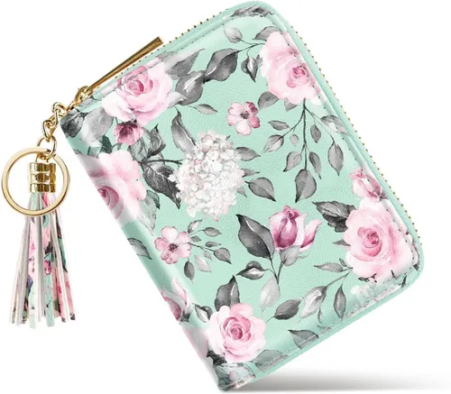 Miniatura 8 de Coco Rossi Billetera pequeña para tarjetas de crédito RFID con purpurina linda para mujer, C Flores verdes