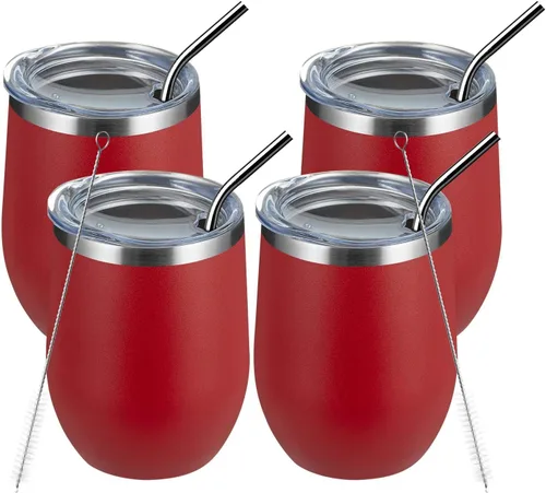 Miniatura 12 de MEWAY Vaso de vino sin tallo de 12 onzas con tapa, vaso de viaje de acero inoxidable con aislamiento de doble pared al vacío con popote, para Negro