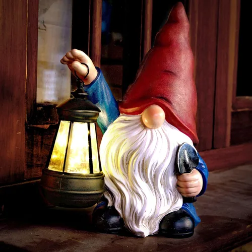 Estatuas de gnomos de jardín para exteriores con pala, gnomo solar con farol, luces LED, decoración de terraza, Navidad, patio, césped, porche,