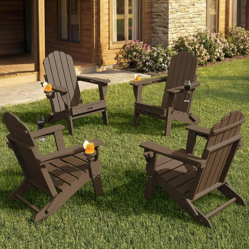Miniatura 19 de Silla Adirondack plegable, silla Adirondack de HDPE con 2 soportes para tazas, sillas para fogatas al aire libre de fácil montaje para patio, Negro