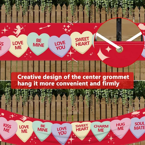 Miniatura 2 de Cartel del día de San Valentín de 120 x 20 pulgadas, decoración al aire libre, letrero de San Valentín, corazones rosados, gnomos, suministros