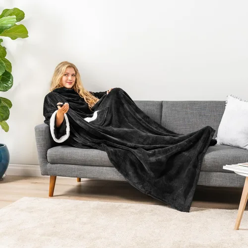 Miniatura 5 de PAVILIA Manta de forro polar con mangas para mujeres y hombres adultos, manta portátil cálida y suave, acogedora con bolsillo para abrazarse, manta