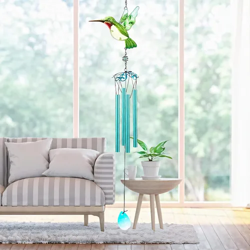 Miniatura 8 de Campanas de viento de colibrí verde, campanillas de viento para exteriores, campanillas románticas móviles pintadas de vidrio de 26 pulgadas, patio