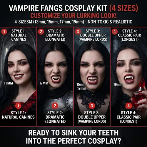 Miniatura 3 de Zhanmai 12 pares de disfraz de dientes de vampiro, 4 tamaños, colmillos falsos con 2 pellets de dientes para accesorios de cosplay, accesorios