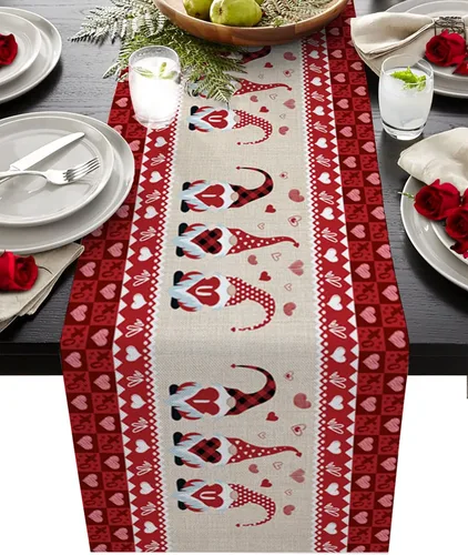 Miniatura 12 de Camino de mesa para decoración del día de San Valentín, diseño de gnomo, corazón, rojo, a cuadros, búfalo, algodón, lino, decoración de mesa
